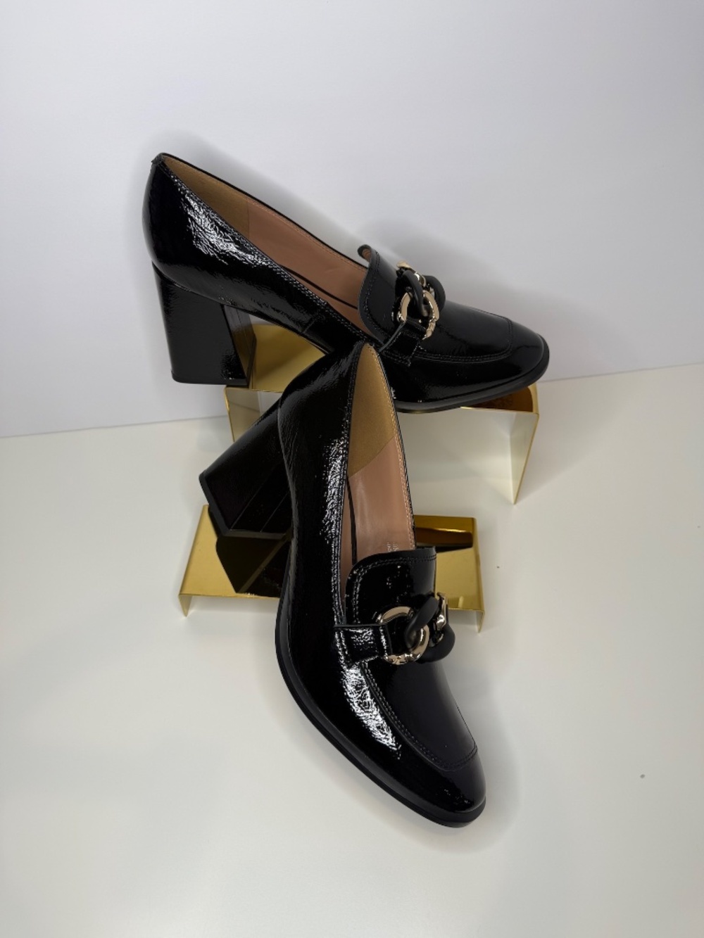 NWT Linea Paolo Cece Black Crinkle Leather Chain Loafers Block Heel Womens 10 - Picture 3 of 7